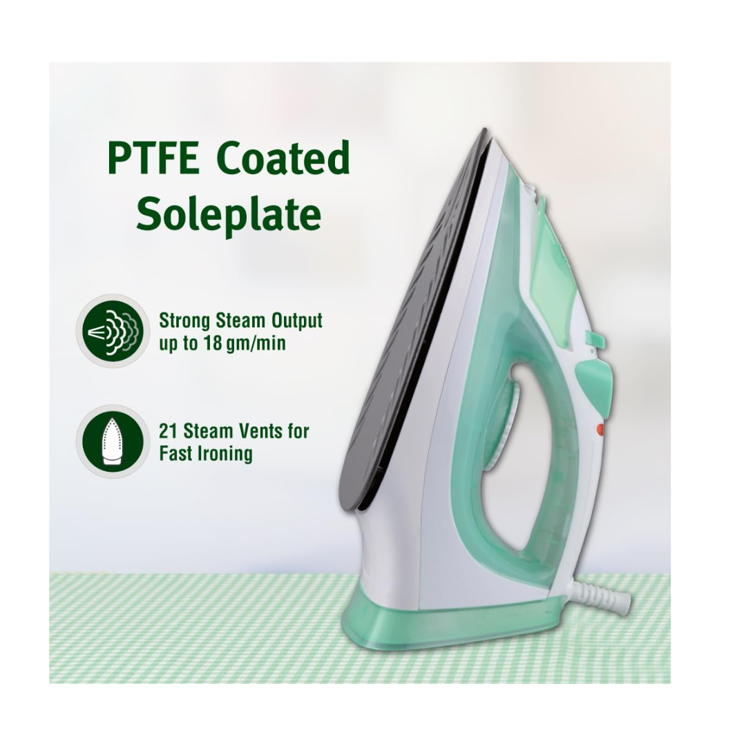 Usha 3816 1600W Steam Iron with Shock Proof Body | Teflon Coated Soleplate | Powerful Steam Output upto18gm/min | 280ml Water Tank Capacity | Overheat Safety Shutoff | 2 Years Warranty|(Green & White) - Image 2