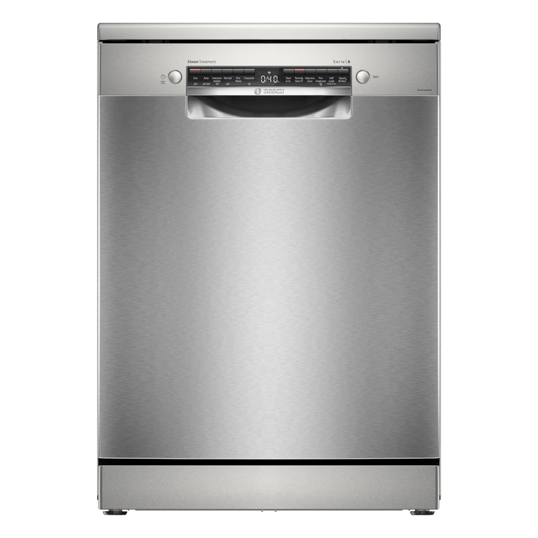 Bosch 15 Place Setting (Fits up to 80 utensils) Free Standing Dishwasher for Indian Utensils | Intensive Kadhai Program for Pressure Cooker, Home Connect (SMS6HMI00I, Silver Inox, Inbuilt Heater)