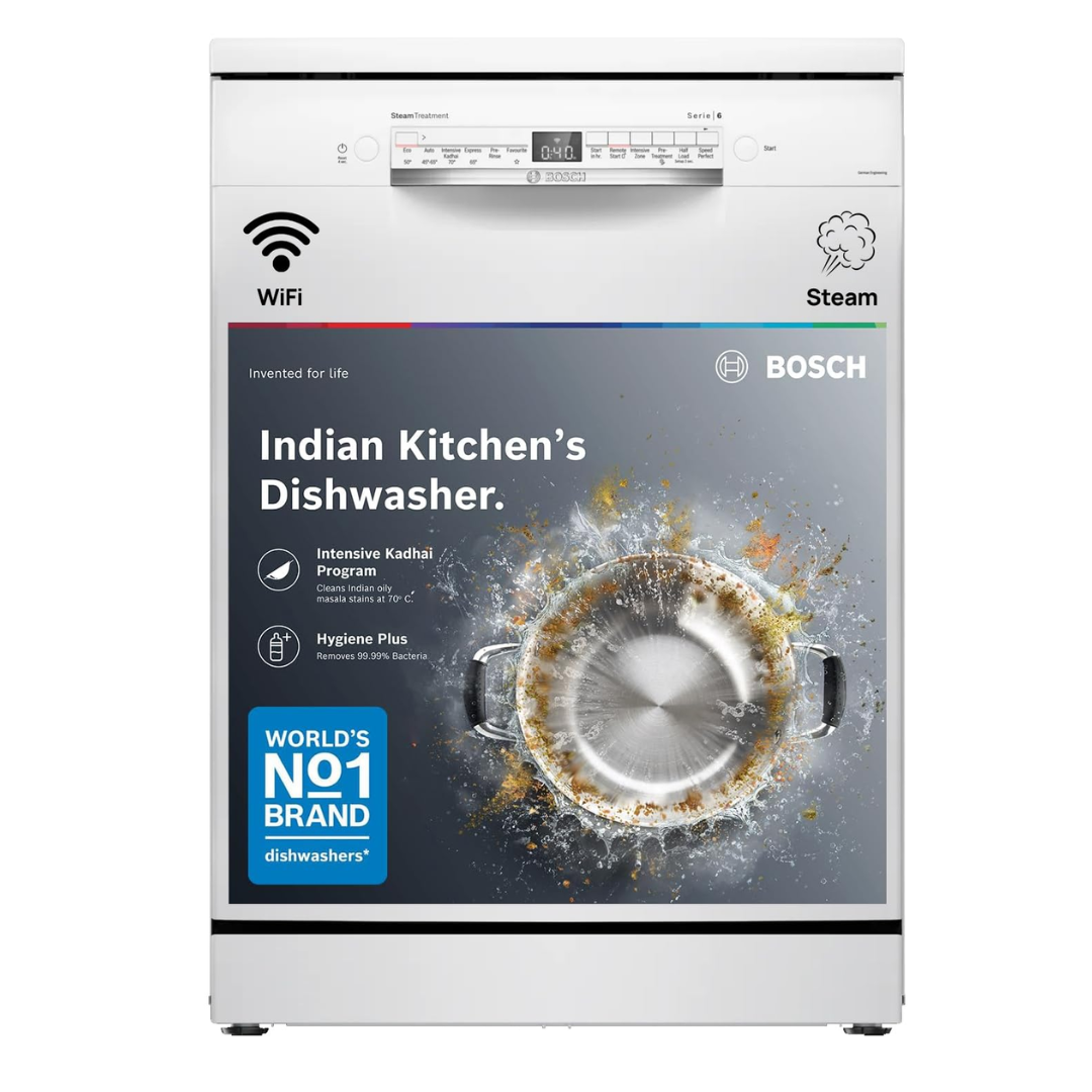 Bosch 14 Place Setting (fits up to 80 utensils) Free-Standing Dishwasher for Indian Utensils | WiFi Enabled | Intensive Kadhai Program for Pressure Cooker (SMS6IKW01I, White, Inbuilt Heater)
