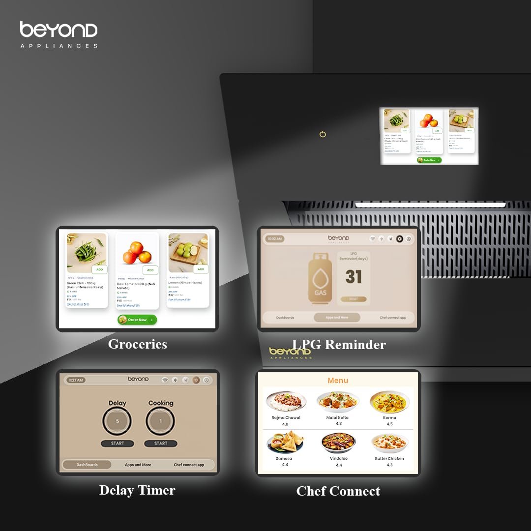 Beyond Eris 60 Smart Kitchen Chimney | 60 cm | 1408 CMH Suction | Filterless Auto Clean | Android Smart Display | Chef Connect | Black - Image 4