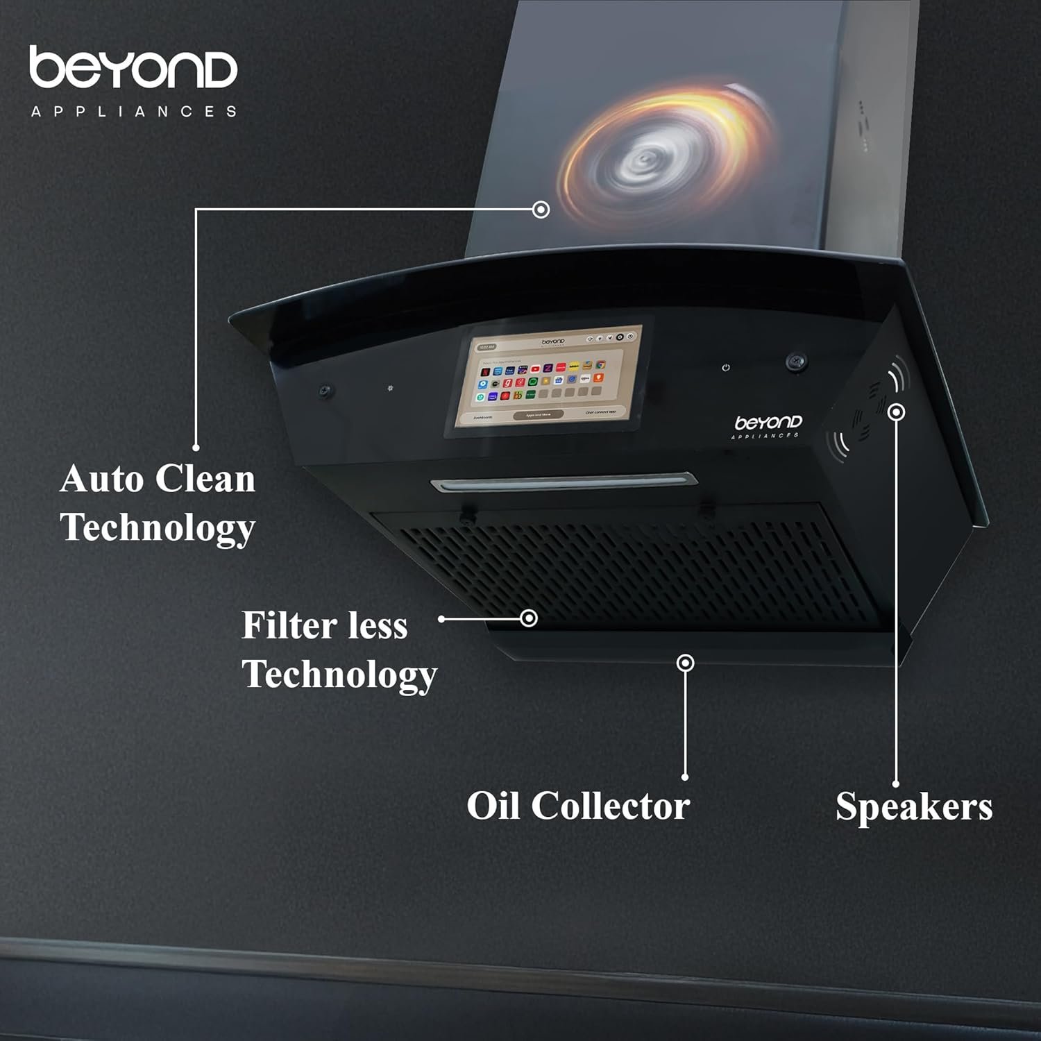 Beyond Asteria 60 Smart Kitchen Chimney | 60 cm | 1408 CMH Suction | Filterless Auto Clean | Android Smart Display | Chef Connect | Black - Image 5