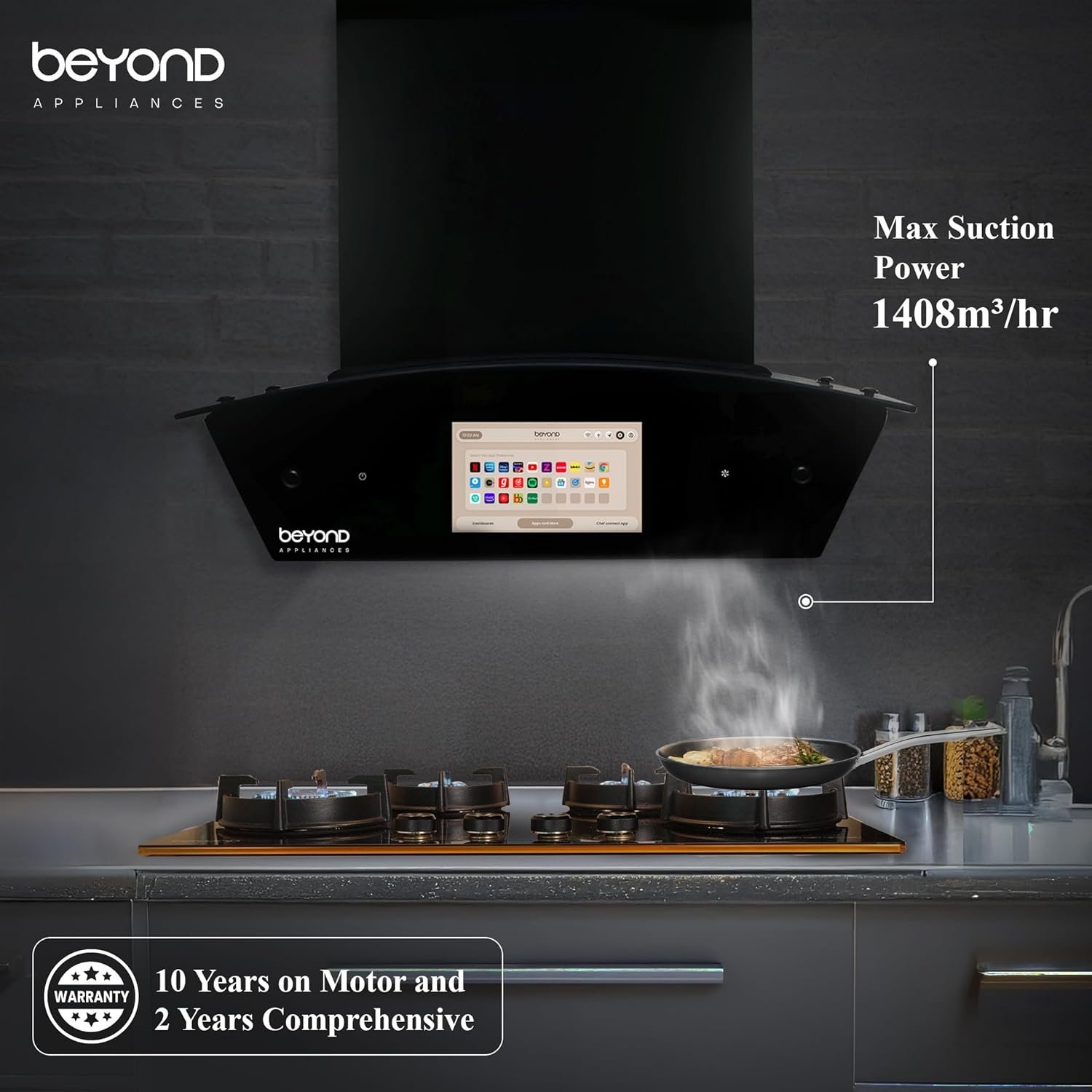 Beyond Asteria 60 Smart Kitchen Chimney | 60 cm | 1408 CMH Suction | Filterless Auto Clean | Android Smart Display | Chef Connect | Black - Image 7