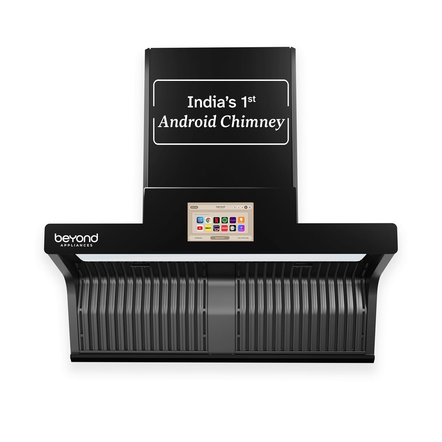 Beyond Appliances Orion 90 Smart Android Kitchen Chimney | 90 cm | 1600 m³/hr Suction | Auto Clean | Smart Display | Black Glass
