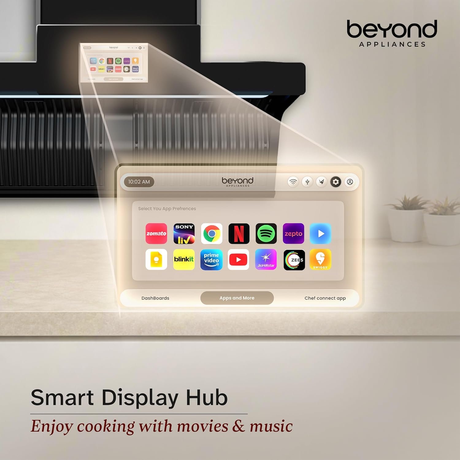 Beyond Appliances Orion 90 Smart Android Kitchen Chimney | 90 cm | 1600 m³/hr Suction | Auto Clean | Smart Display | Black Glass - Image 2