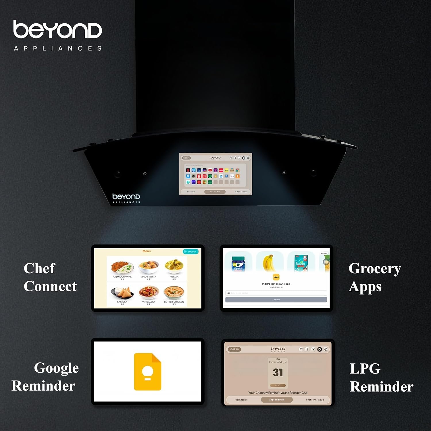 Beyond Asteria 60 Smart Kitchen Chimney | 60 cm | 1408 CMH Suction | Filterless Auto Clean | Android Smart Display | Chef Connect | Black - Image 6