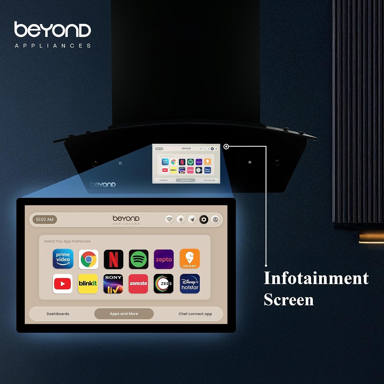Beyond Asteria 60 Smart Kitchen Chimney | 60 cm | 1408 CMH Suction | Filterless Auto Clean | Android Smart Display | Chef Connect | Black - Image 8