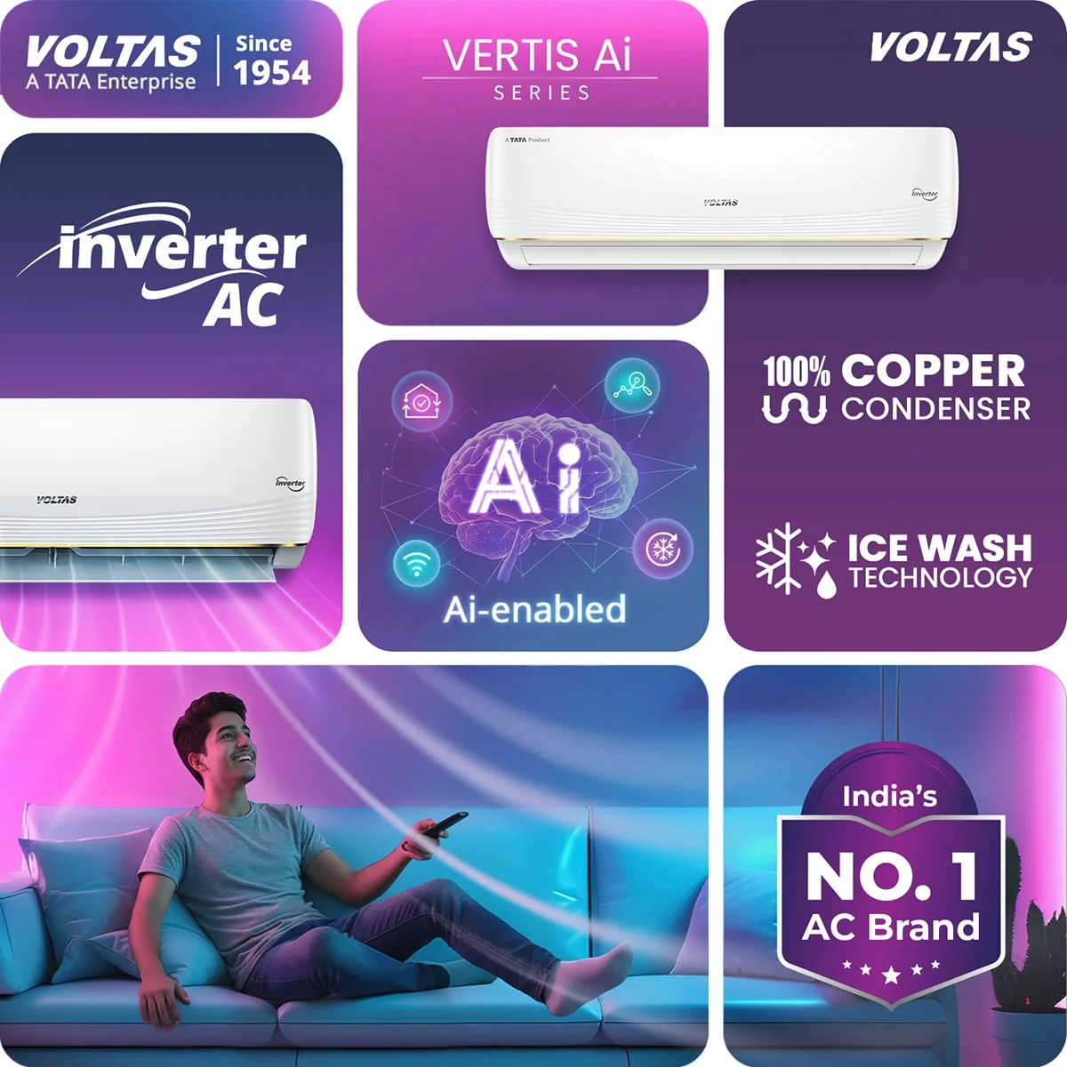 Voltas Split Air Conditioner, 1.5 Ton, 5 Star - 185INV Vertis AI Zest Gold - Image 4