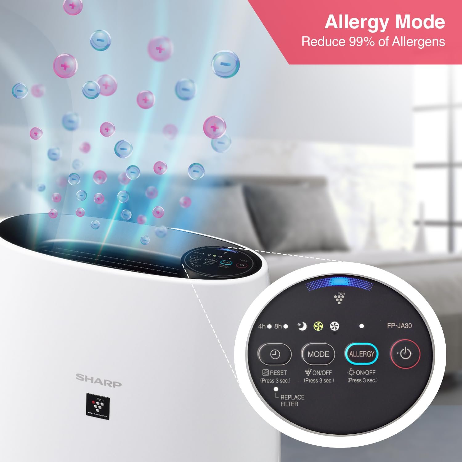 SHARP Air Purifier with Plasmacluster Tech for Home & Office (FP-J30M-W) - Image 5