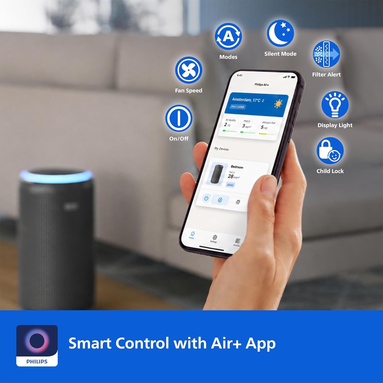 Philips Smart Air Purifier AC4221 – 3-Layer HEPA NanoProtect, AeraSense Sensor (Metallic) - Image 4